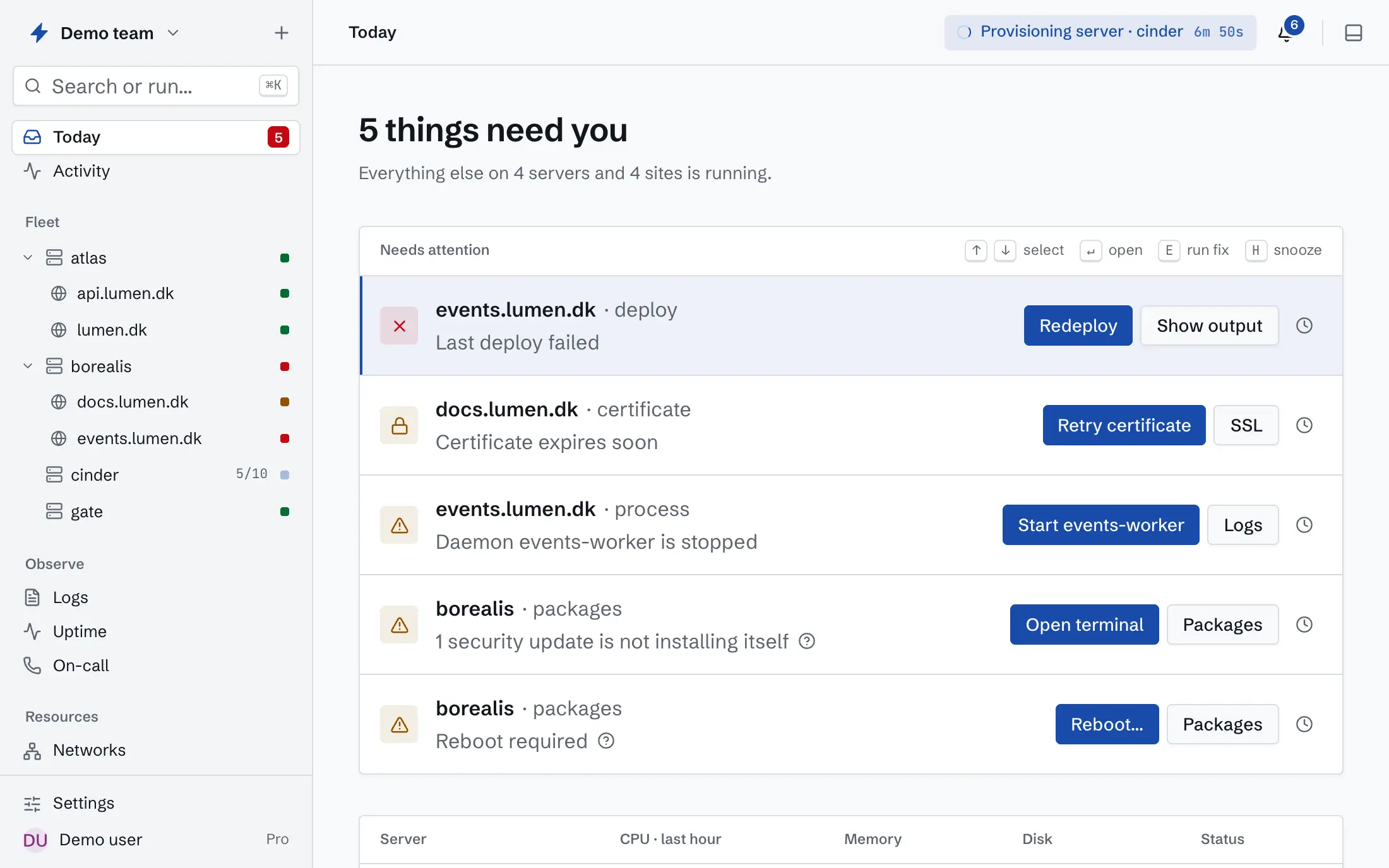Today in Provisore: what needs attention across the fleet, each row with its fix beside it, such as Redeploy or Retry certificate, above a table of the fleet. The sidebar lists every server and its sites with their status.