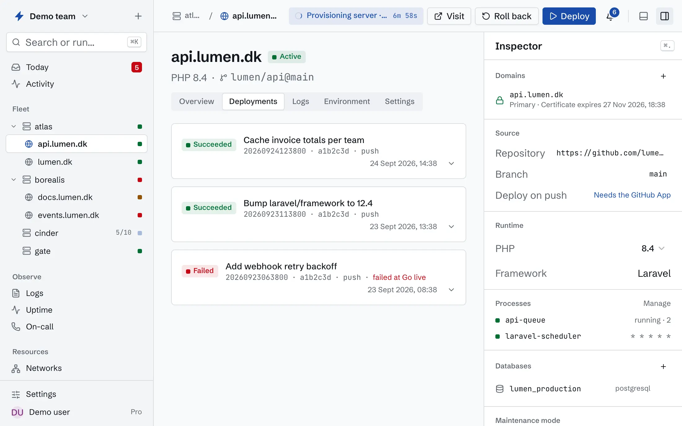 A Laravel site's deployments in Provisore, each release with its commit, trigger, time and outcome, one of them failed at the stage it stopped in. The inspector beside it shows the site's domains, source, PHP version, processes and databases.